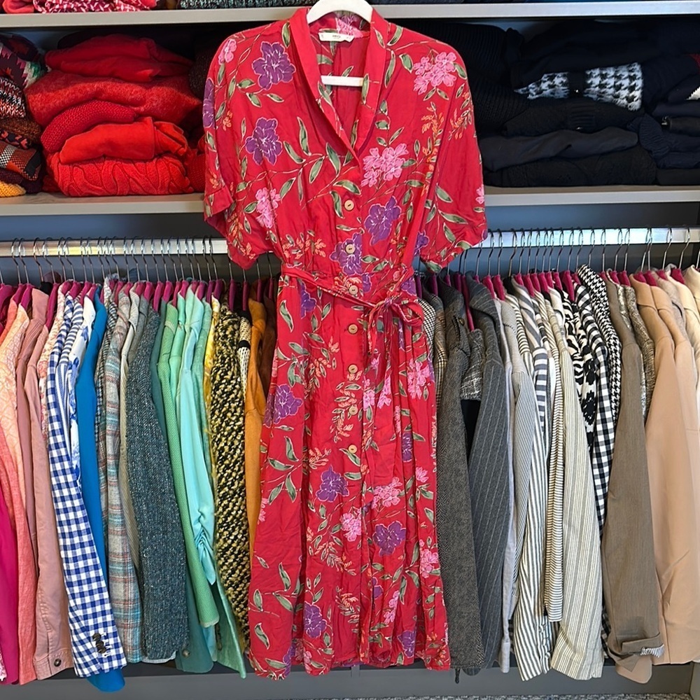 Mango red/purple floral short sleeve tie front button down midi dress size XS